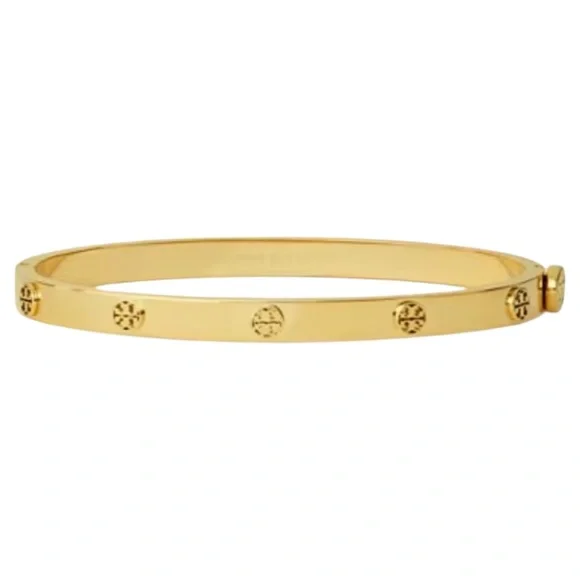 TORY BURCH • Gold 7mm Logo Miller Studded Hinge Bangle Bracelet - Picture 3 of 5